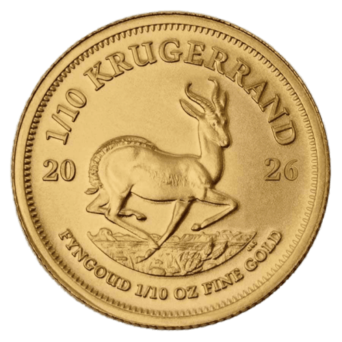 2026-south-africa-1-10-oz-gold-krugerrand-bu_322206_obv Gold Krugerrand coin 2026 with springbok design, 1/10 oz fine gold, BU quality.