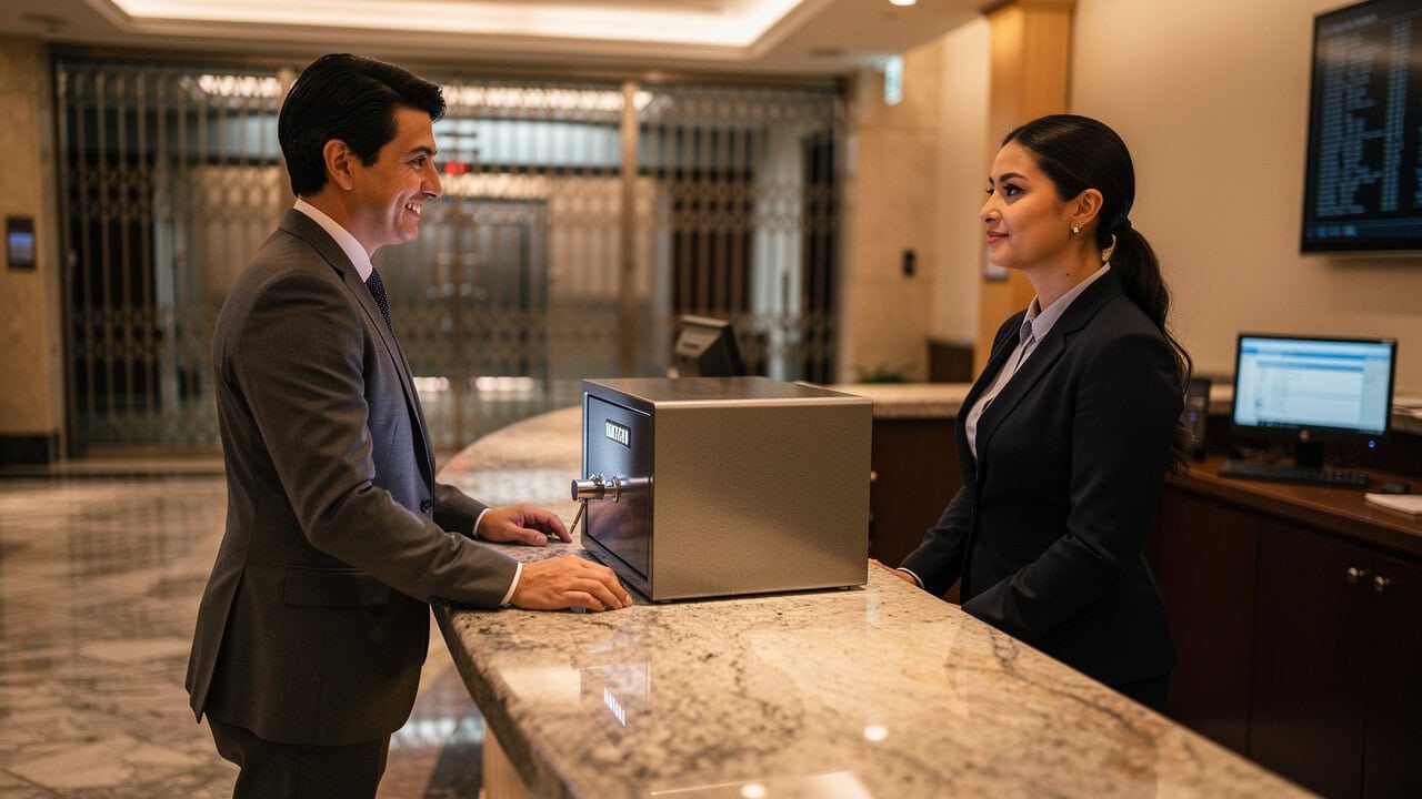 Customer accessing a bank safe deposit box
