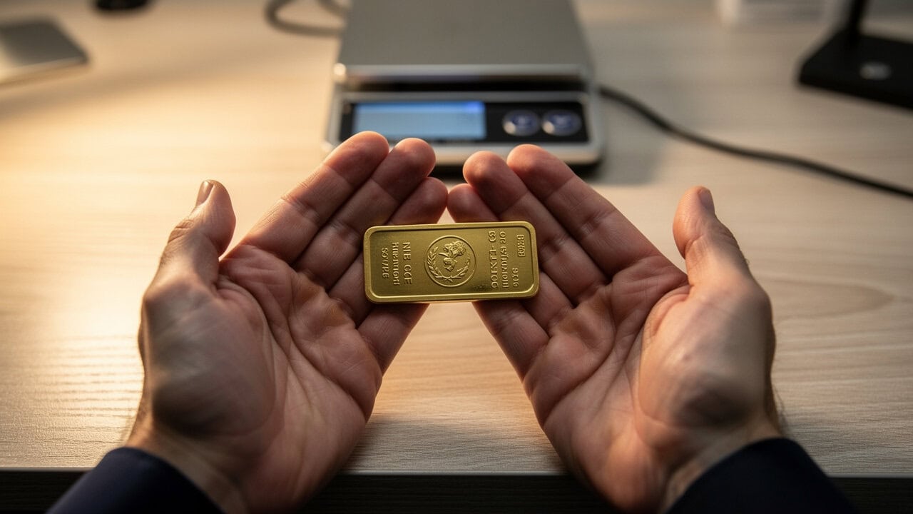 Gold dealer holding polished one-ounce gold bullion bar
