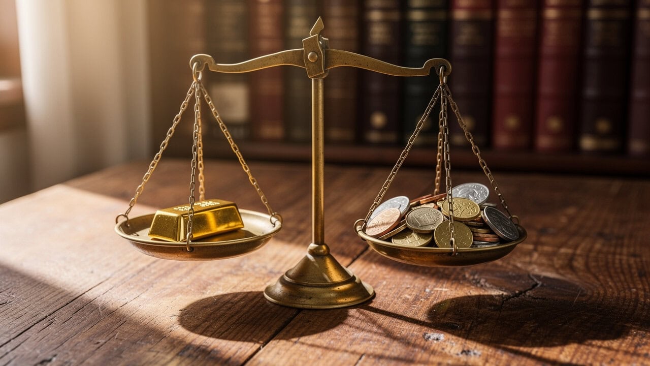 Brass balance scale with gold bar representing economic value