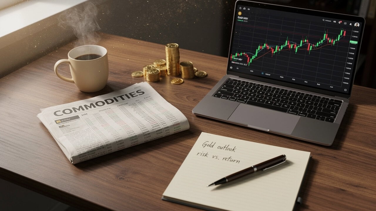 Financial planning desk with gold coins and market data