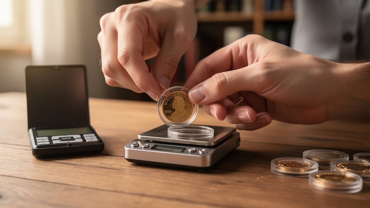 Hand placing a gold coin on a digital scale with coins and a calculator nearby.