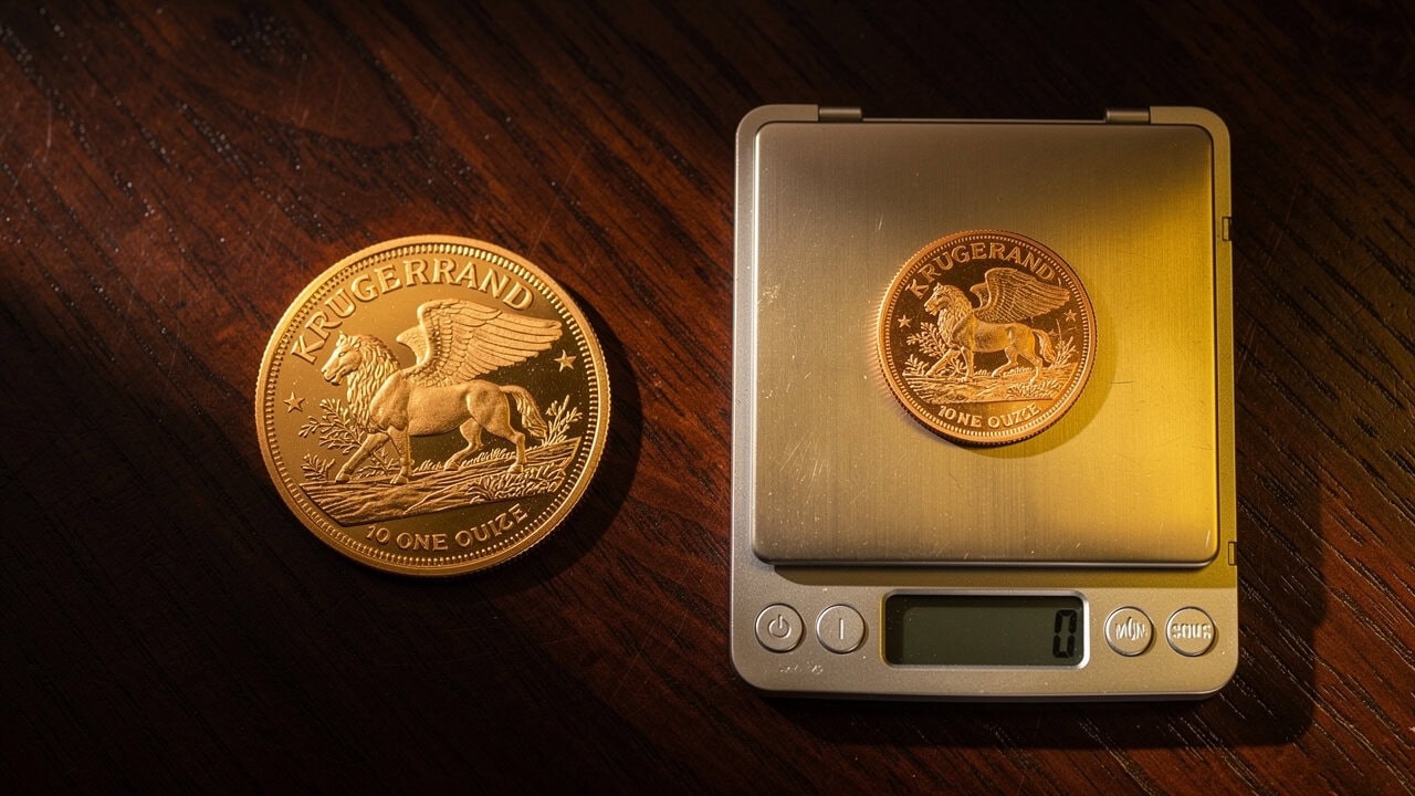 Gold Krugerrand coin on digital scale, high detail, close-up.