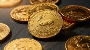Gold Krugerrand coin with South Africa emblem.