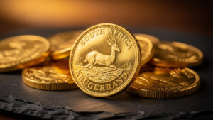 South African Krugerrand gold coin with detailed design.