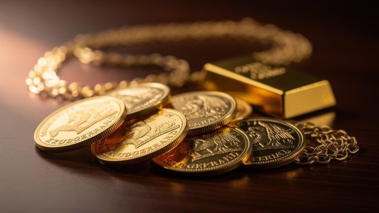 Gold jewelry and coins displayed for selling in South Africa, trusted gold buyers.