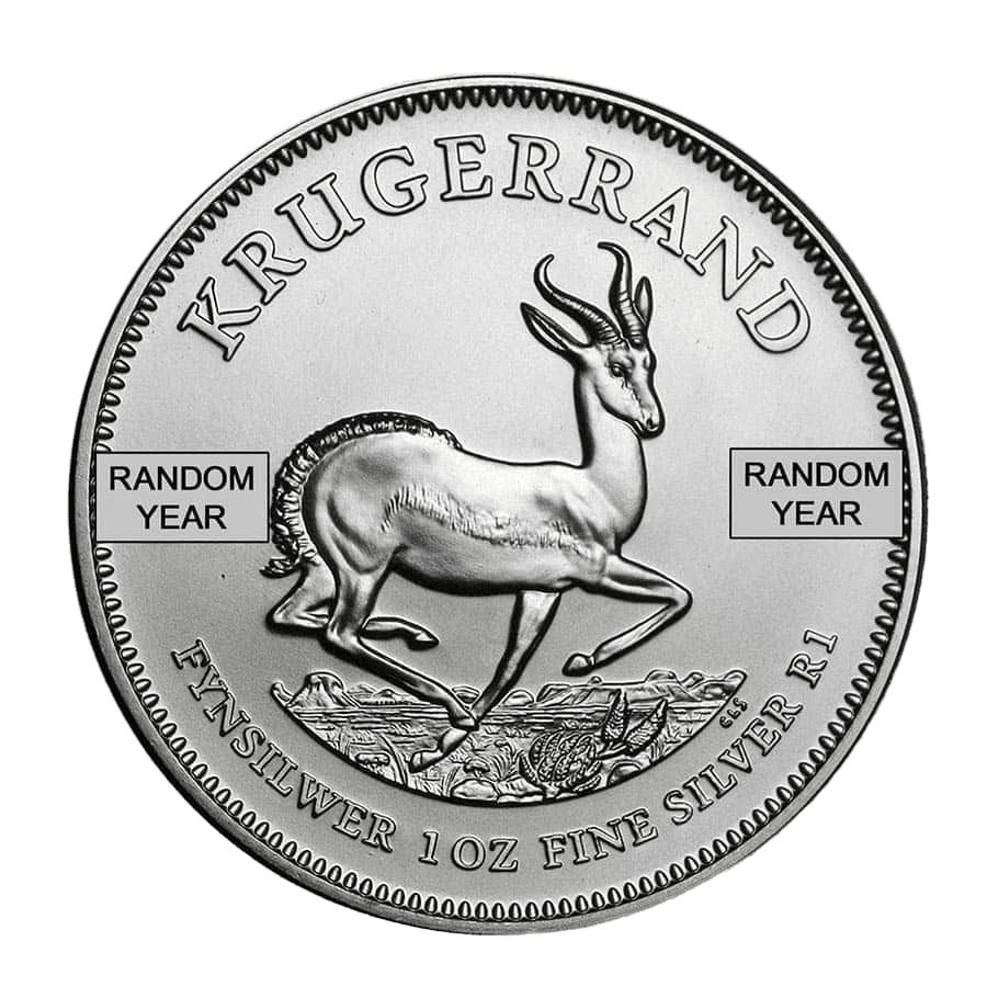 south-africa-1-oz-silver-krugerrand-random_206258_obv South African 1 oz Silver Krugerrand coin with springbok design, BU condition, featuring the year of.