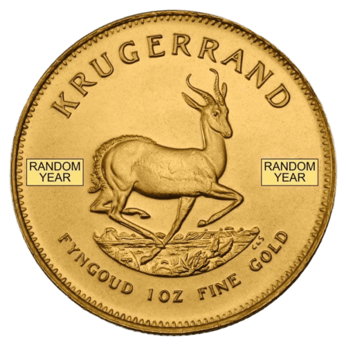 south-african-1-oz-gold-krugerrand-coin-bu-random-year_62_slab Gold Krugerrand coin with springbok design, 1 oz fine gold, random year.