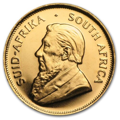 South African 1/10 oz Gold Krugerrand coin with detailed portrait of Paul Kruger. Perfect for collec.
