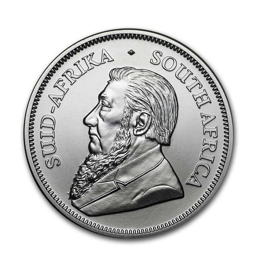 Aurum Craft - South African 1 oz Silver Krugerrand Coin BU Close-up of South African 1 oz Silver Krugerrand coin with detailed portrait.
